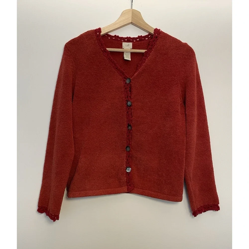 J. Jill Women's‎ Chenille Cardigan Sweater XS Holiday Crochet Trim Buttons Soft